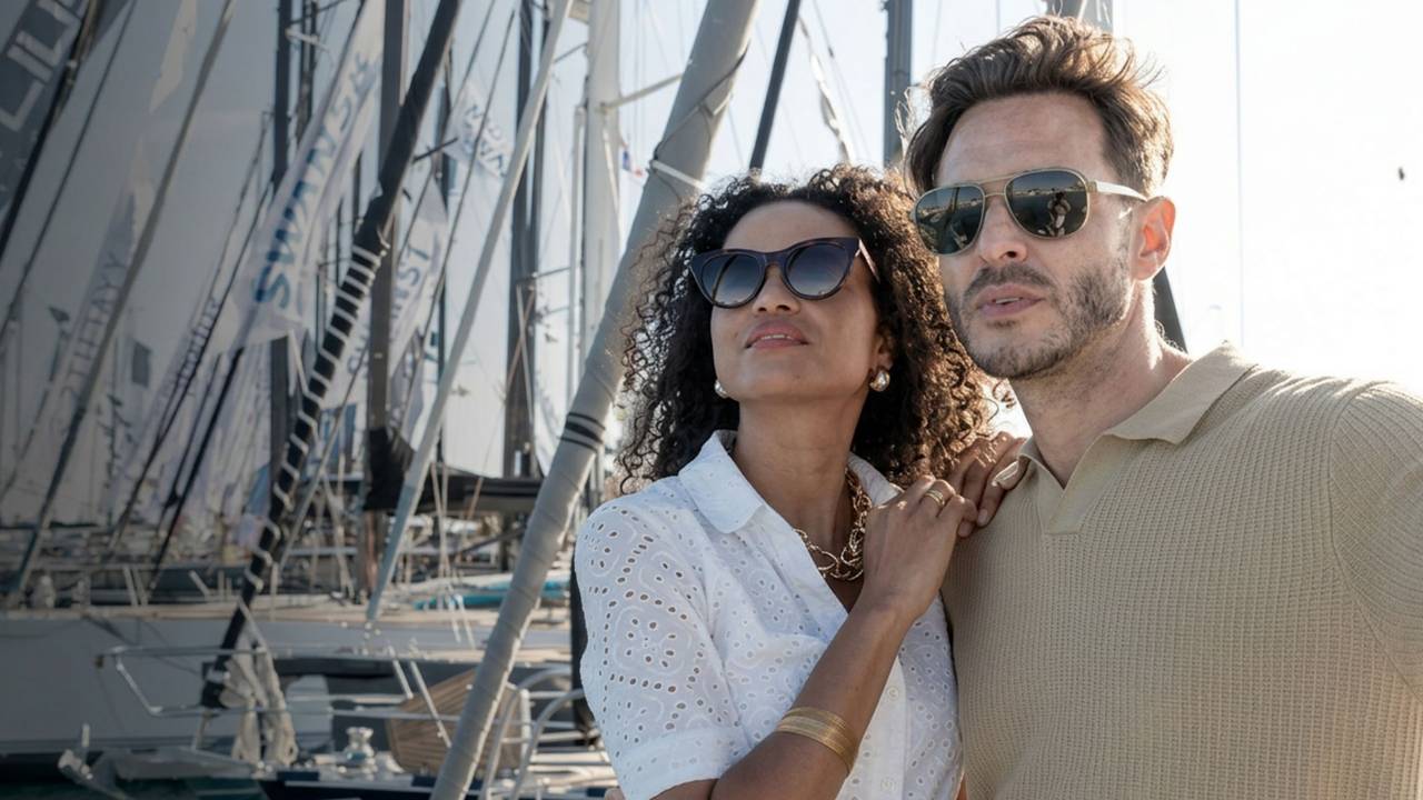 Visitatori osservano un'imbarcazione a vela al salone